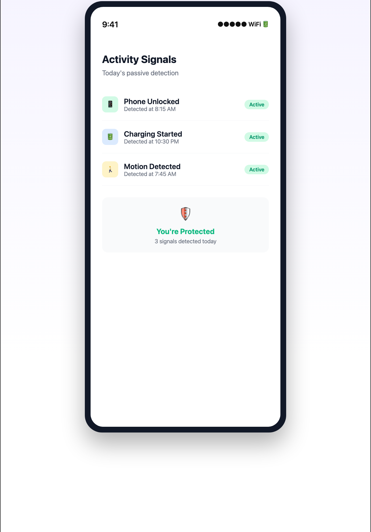 Passive monitoring showing phone activity signals - unlocked, charging, motion detected